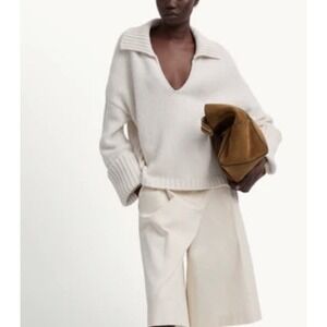 G. Label By Goop Tatum Sweater Cream V-Neck Collared  Virgin Wool  Medium Italy